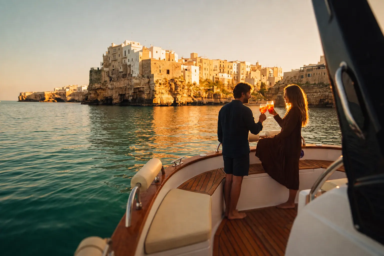 Il Tramonto — two glasses at golden hour, Polignano behind